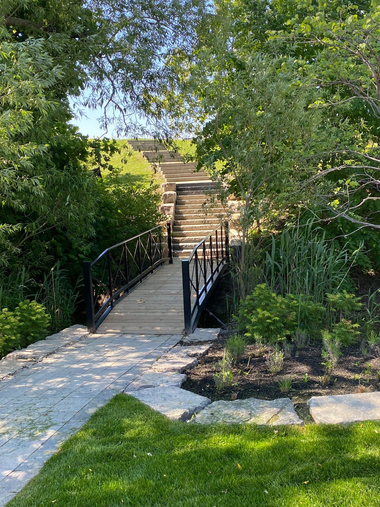 Wooden pedestrian bridge with black steel railing through a garden landscape