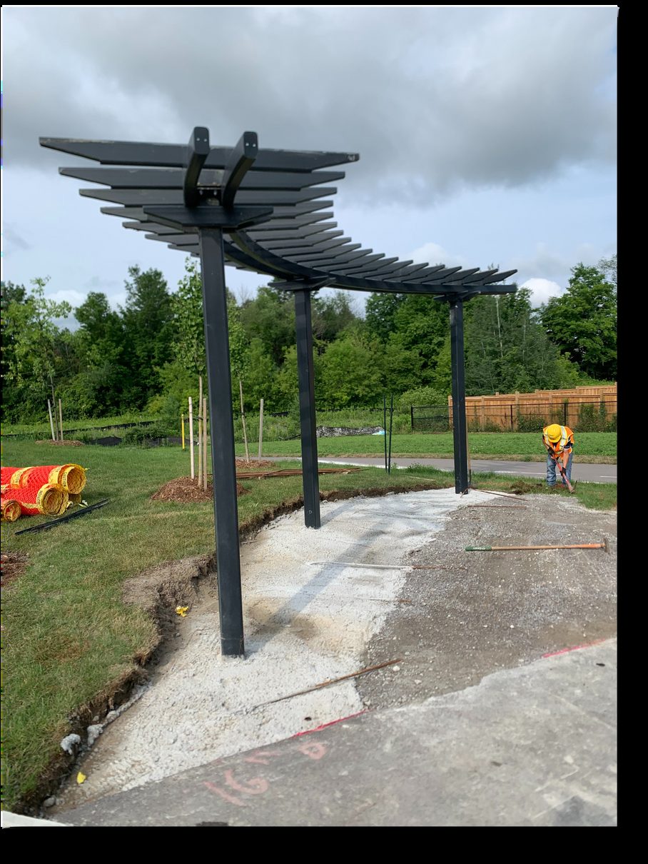 Wing-shaped black steel pergola in a residential backyard